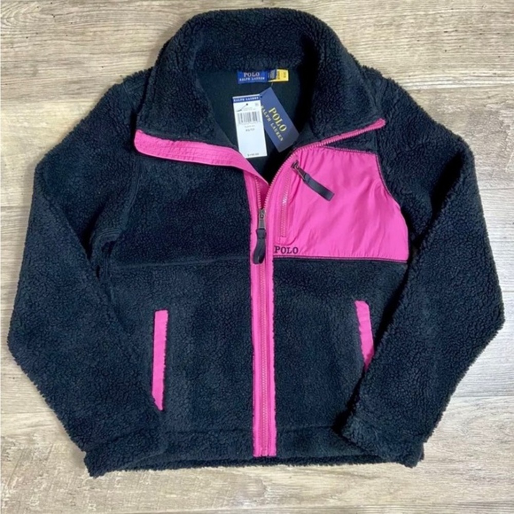 Polo Ralph Lauren Sherpa Fleece Full Zip Jacket Black Pink Size Medium